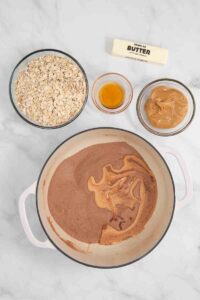 pan with cocoa, sugar, and milk for no bake cookies